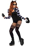 Cat burglar (woman), costume romper, long sleeves, suspenders, keyhole, tail, horizontal stripes